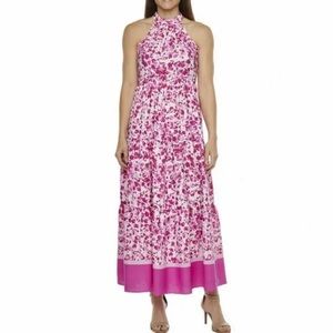 Melonie T Fuchsia Magenta Ivory Floral Dress Midi Maxi Dress,Size 4